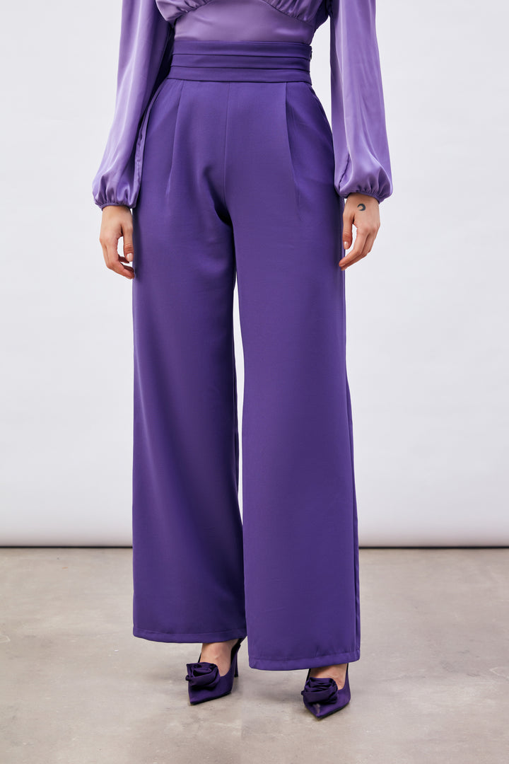 Sateen Pantalon à poches avec détail ceinture - Violet