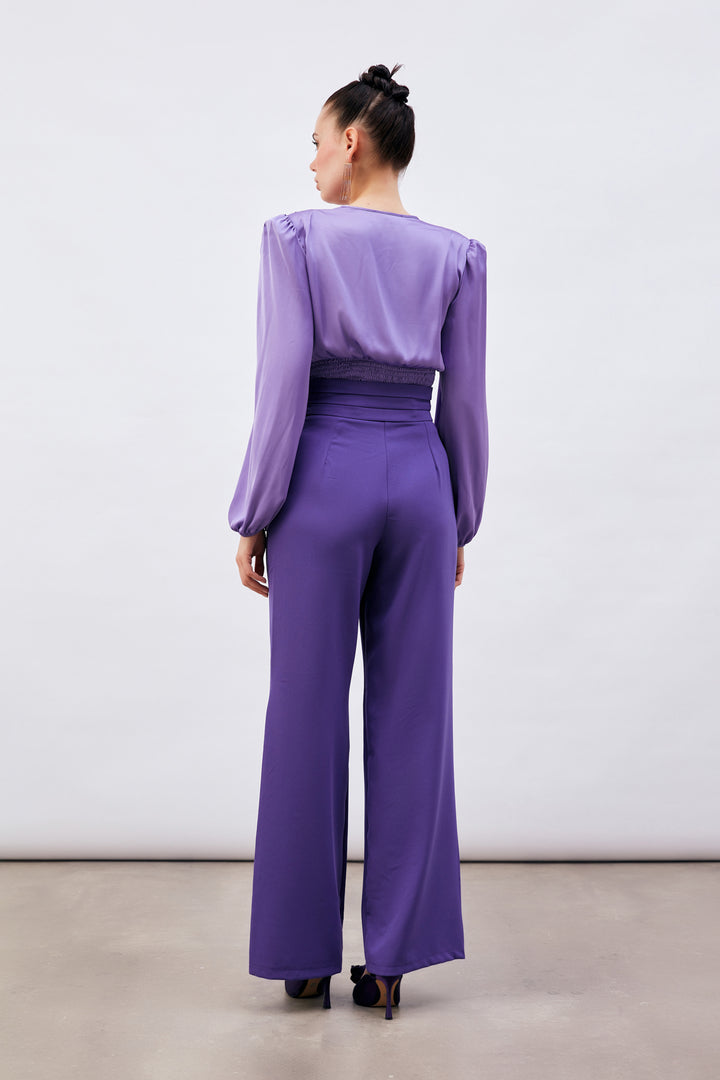 Sateen Pantalon à poches avec détail ceinture - Violet