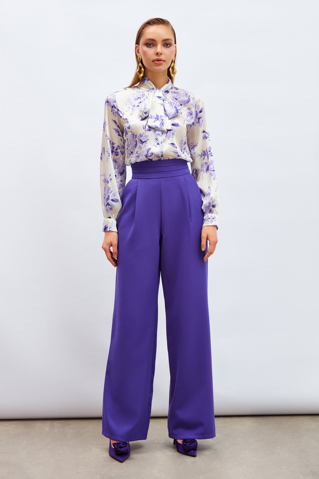 Sateen Pantalon à poches avec détail ceinture - Violet