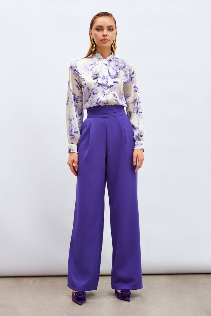 Sateen Pantalon à poches avec détail ceinture - Violet