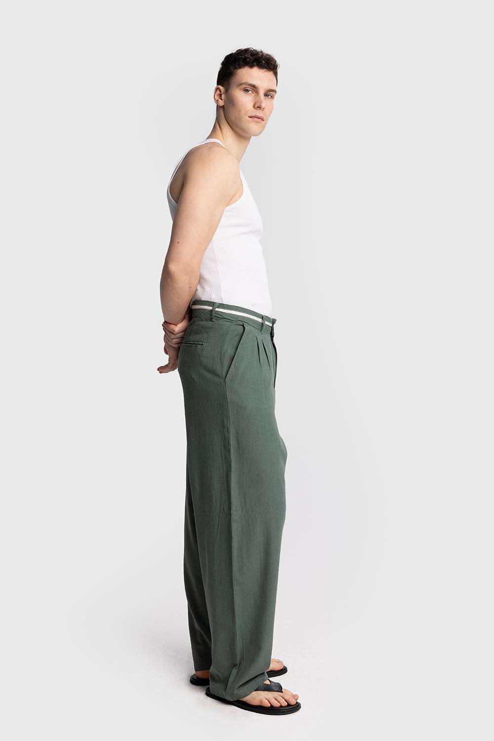 Giesto Pantalon en lin avec détail de taille - Vert