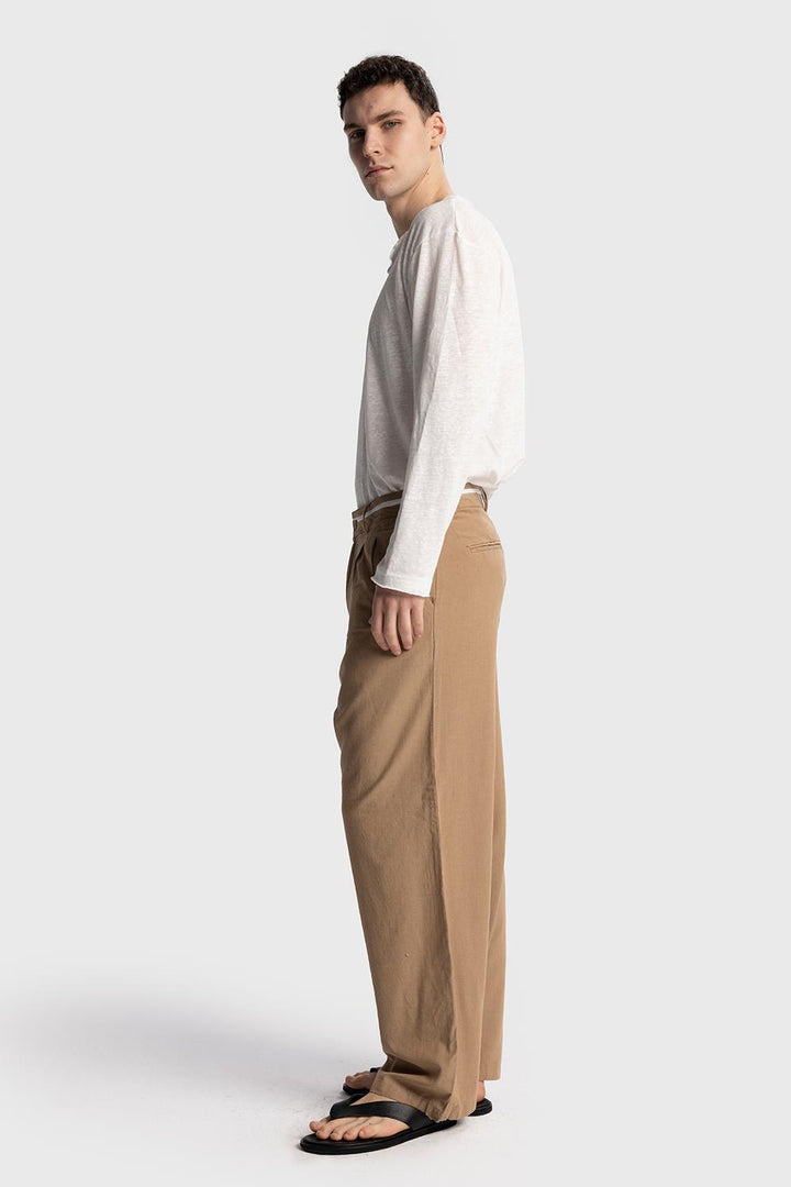 Giesto Pantalon en lin avec détail de taille - Tabac