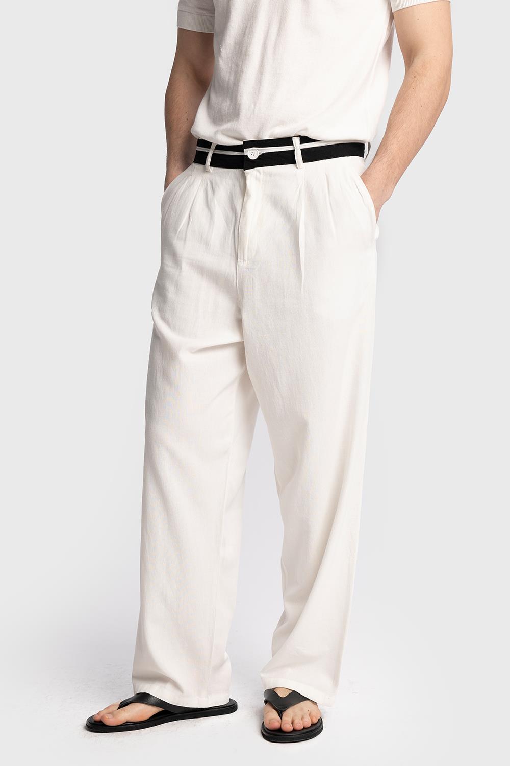 Giesto Pantalon en lin avec détail de taille - Blanc