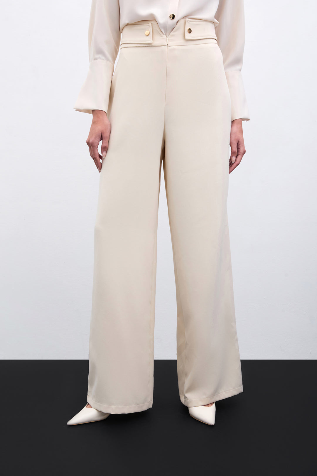 Sateen Pantalon à taille détaillée - Beige