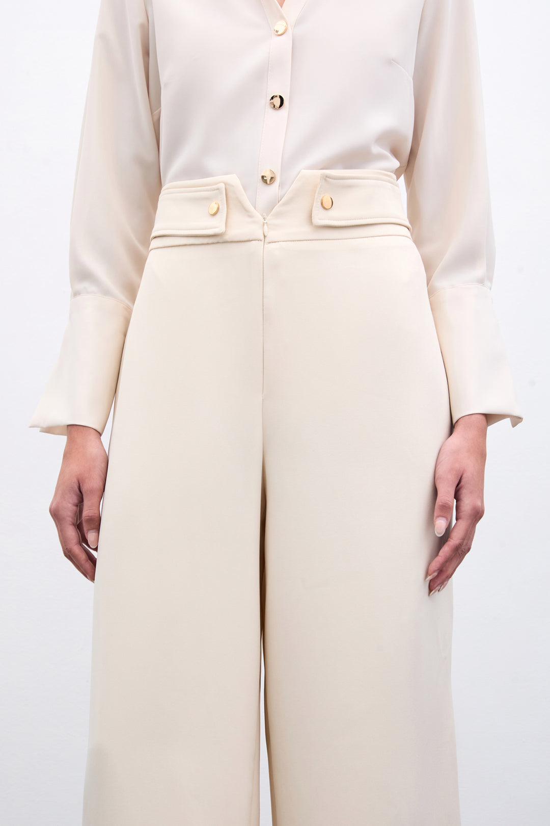 Sateen Pantalon à taille détaillée - Beige