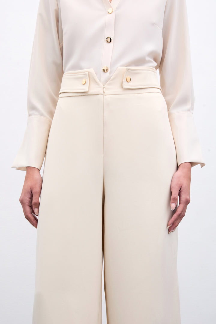 Sateen Pantalon à taille détaillée - Beige
