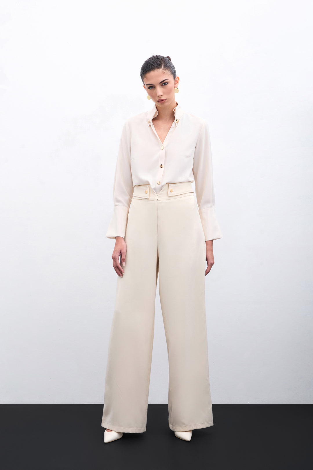 Sateen Pantalon à taille détaillée - Beige