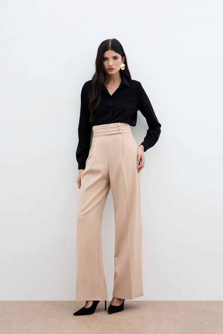 Sateen Pantalon à taille haute - Beige