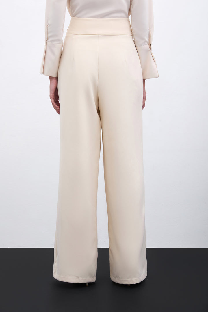 Sateen Pantalon à taille détaillée - Beige