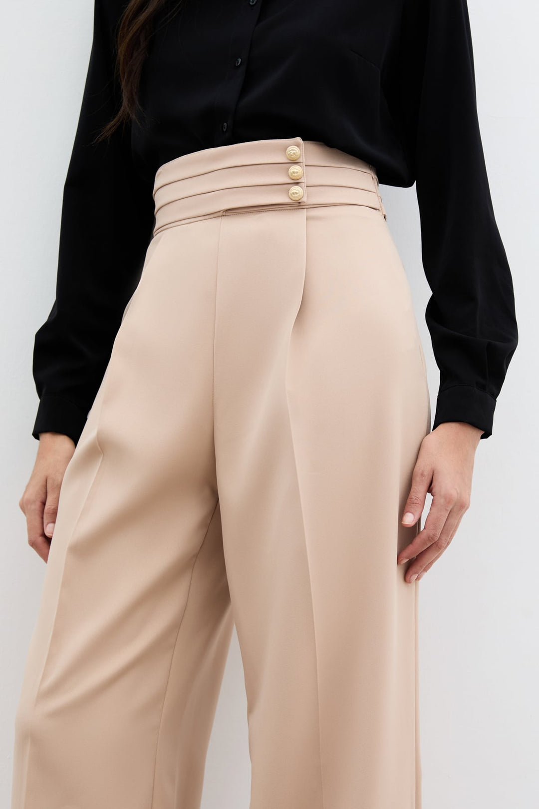 Sateen Pantalon à taille haute - Beige