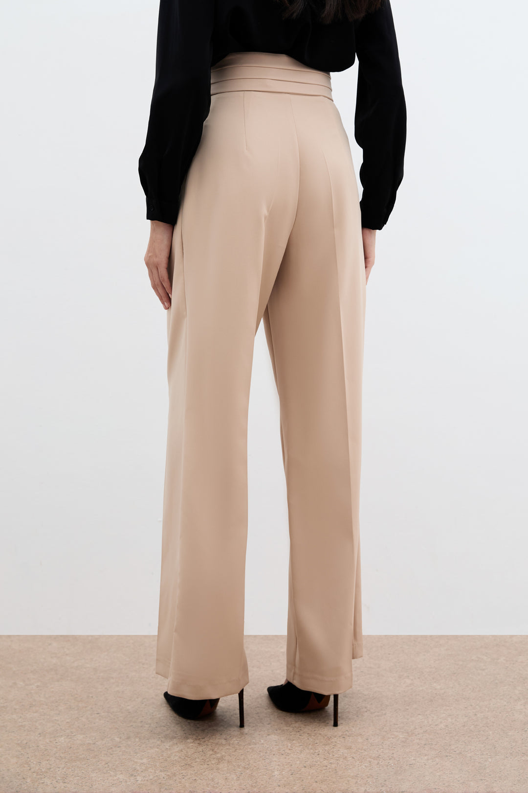 Sateen Pantalon à taille haute - Beige