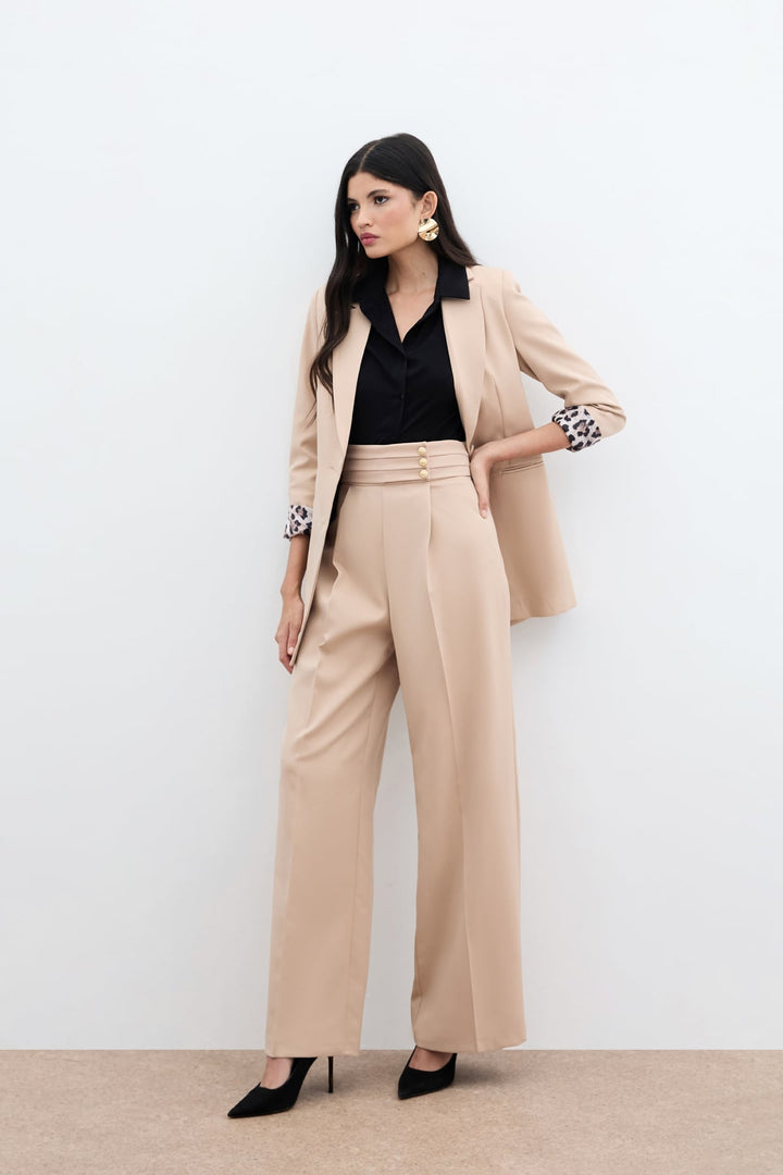 Sateen Pantalon à taille haute - Beige