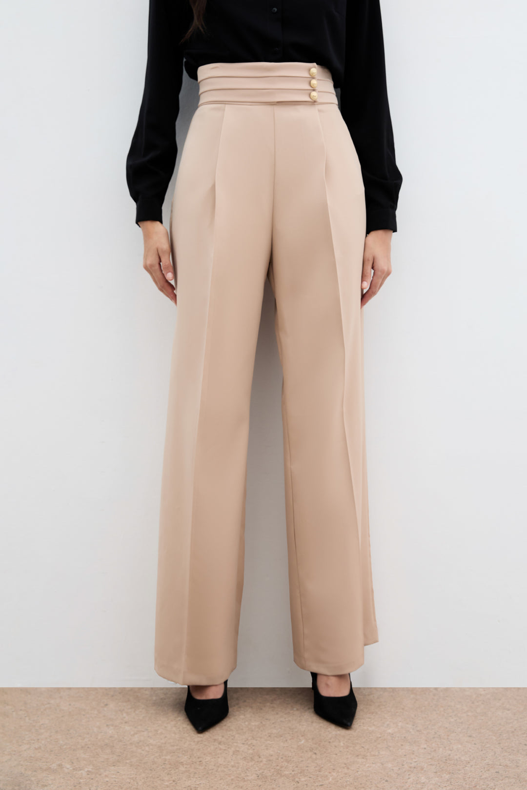Sateen Pantalon à taille haute - Beige