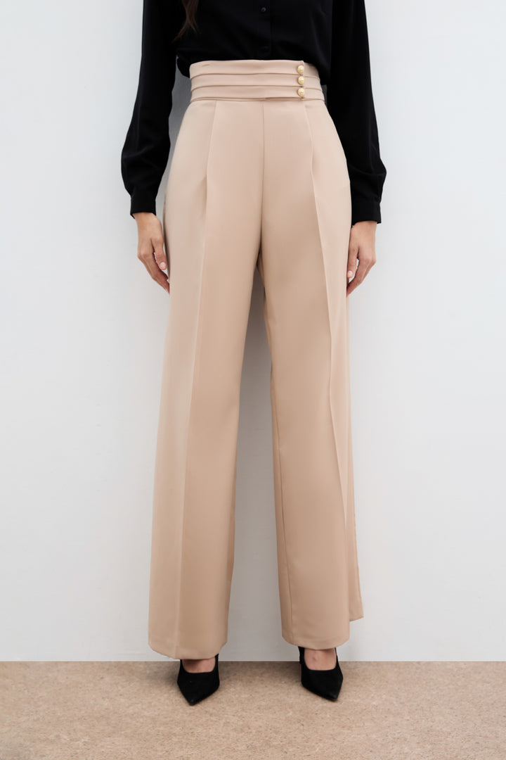 Sateen Pantalon à taille haute - Beige