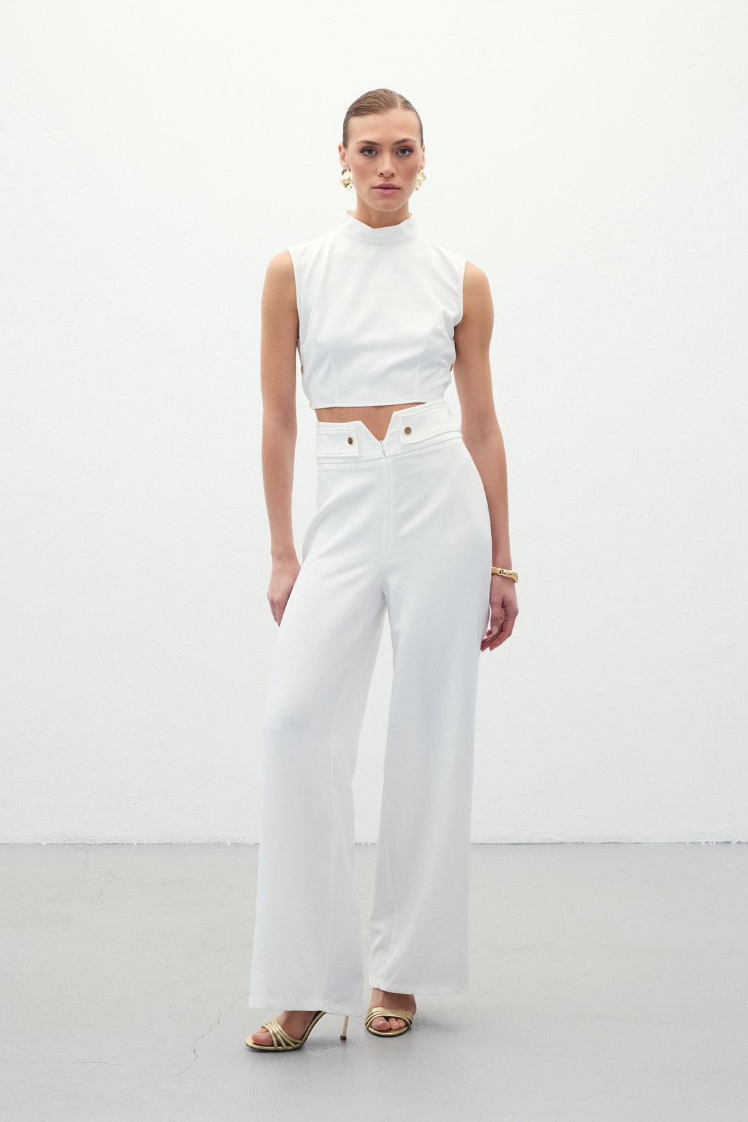 Sateen Pantalon avec Détails à la Taille - Écru