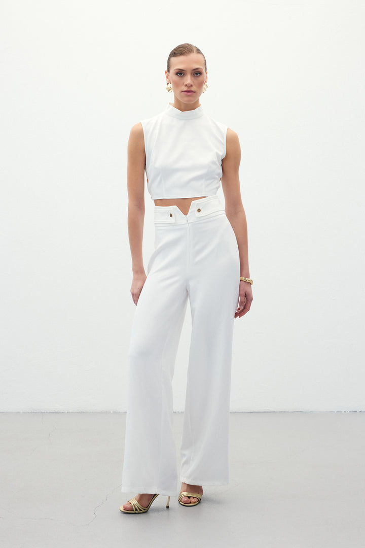 Sateen Pantalon avec Détails à la Taille - Écru