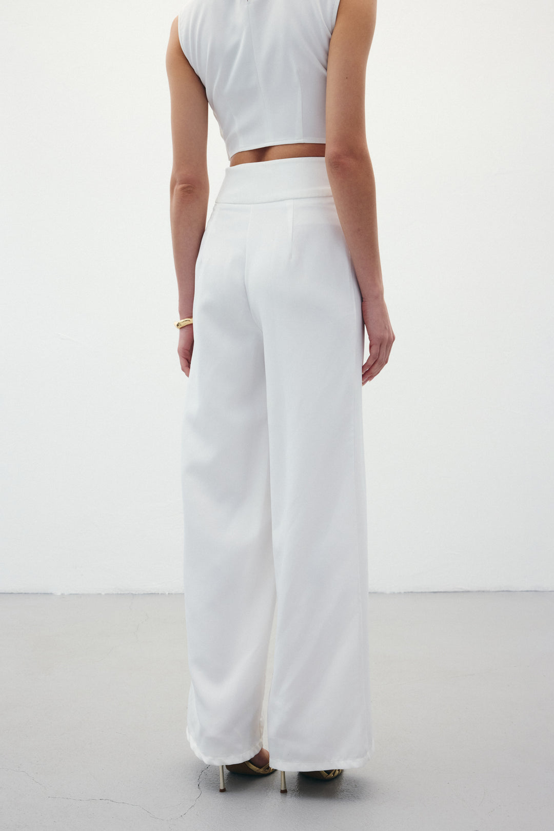 Sateen Pantalon avec Détails à la Taille - Écru