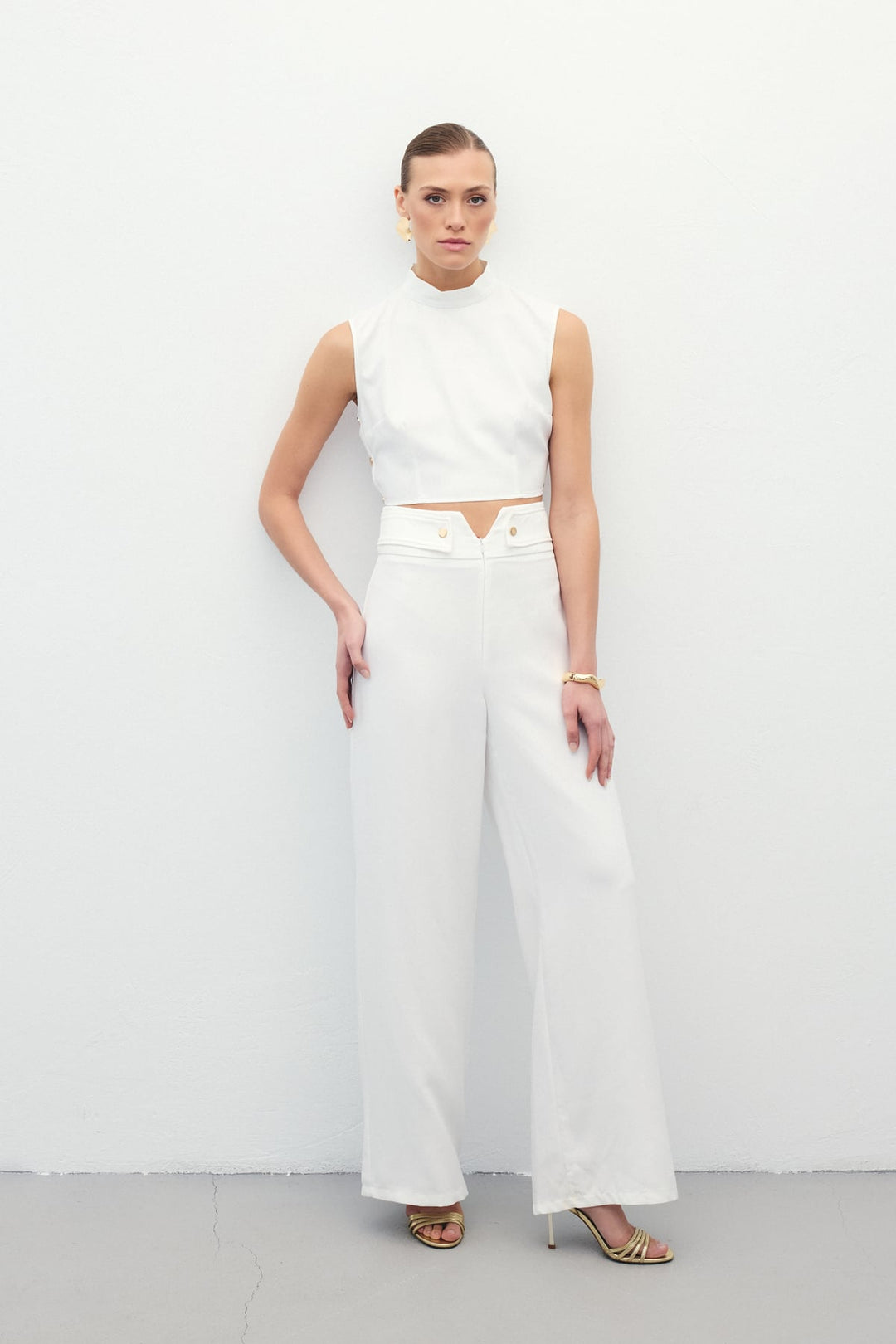 Sateen Pantalon avec Détails à la Taille - Écru