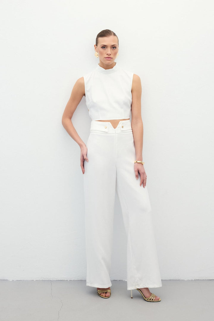 Sateen Pantalon avec Détails à la Taille - Écru