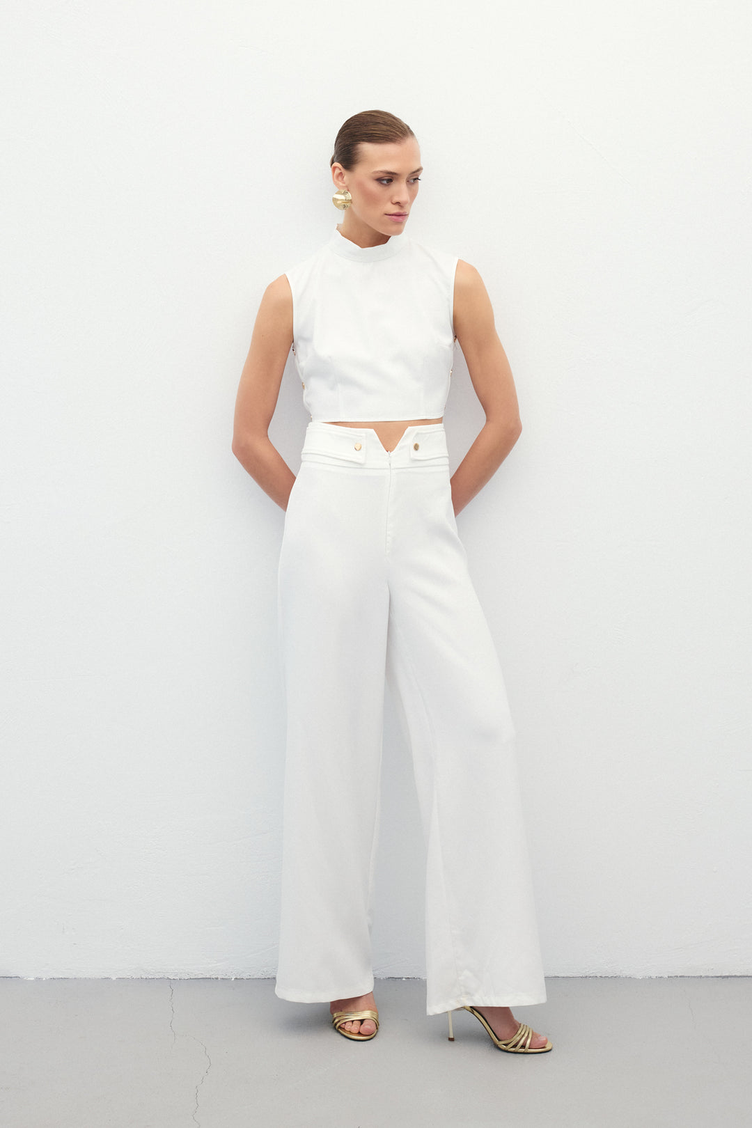 Sateen Pantalon avec Détails à la Taille - Écru