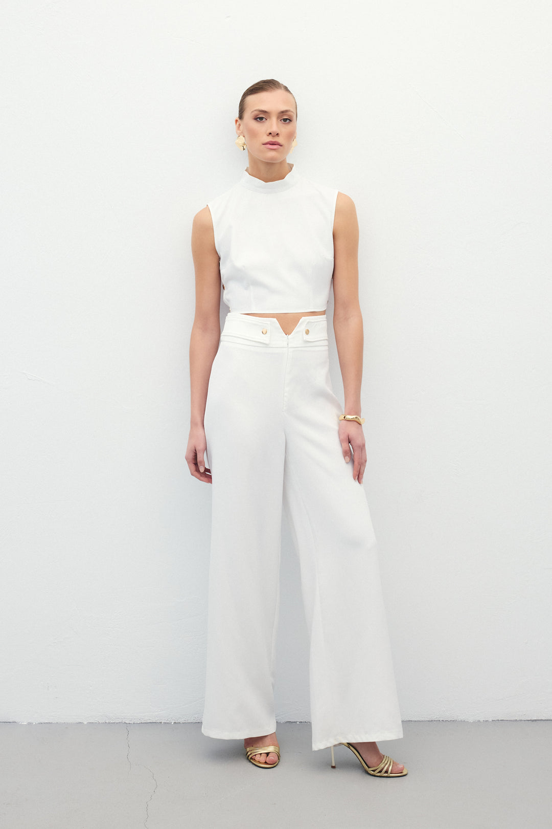 Sateen Pantalon avec Détails à la Taille - Écru