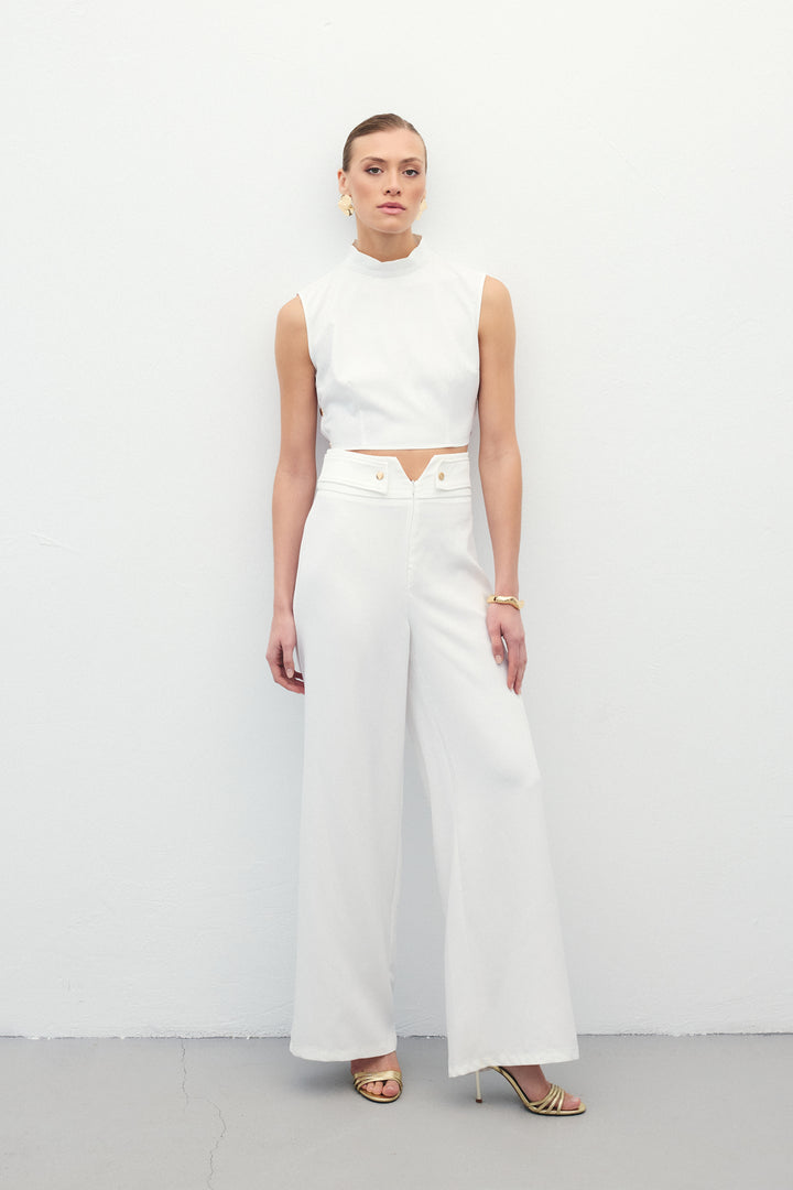 Sateen Pantalon avec Détails à la Taille - Écru
