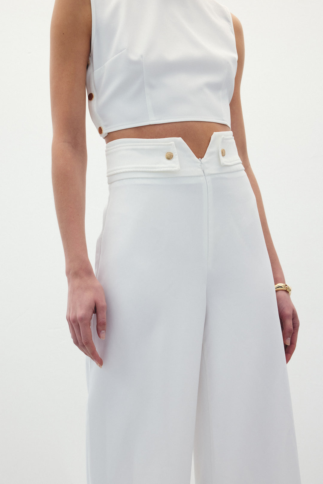 Sateen Pantalon avec Détails à la Taille - Écru