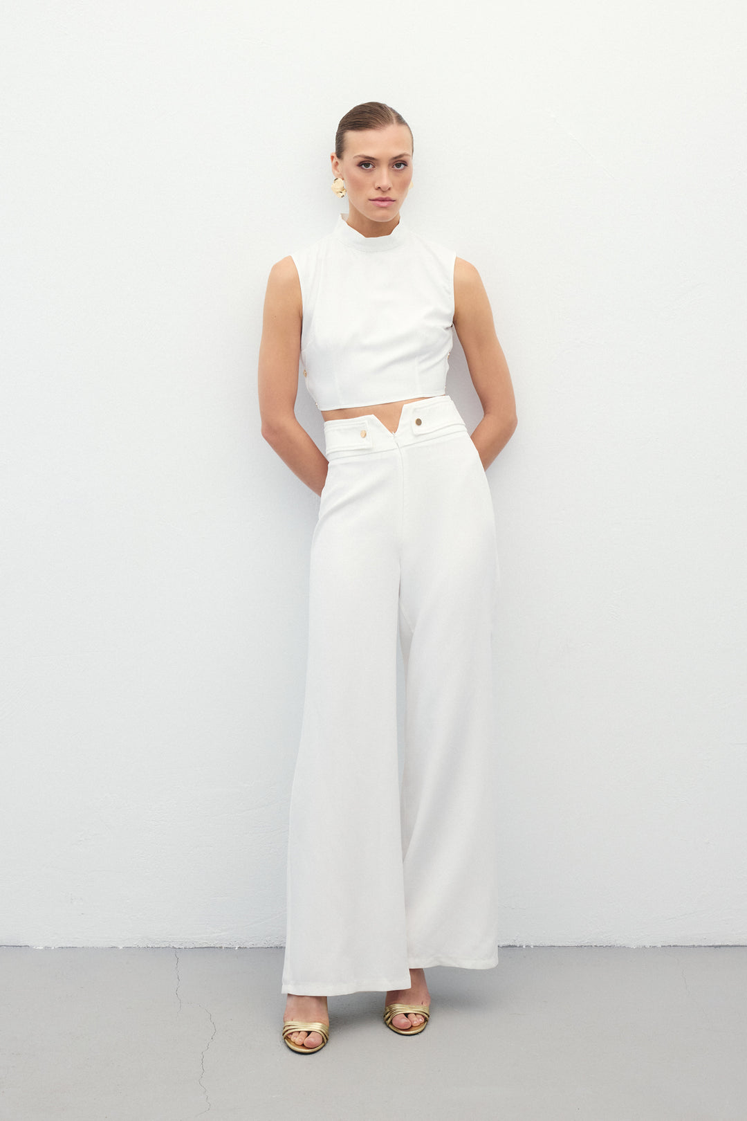 Sateen Pantalon avec Détails à la Taille - Écru