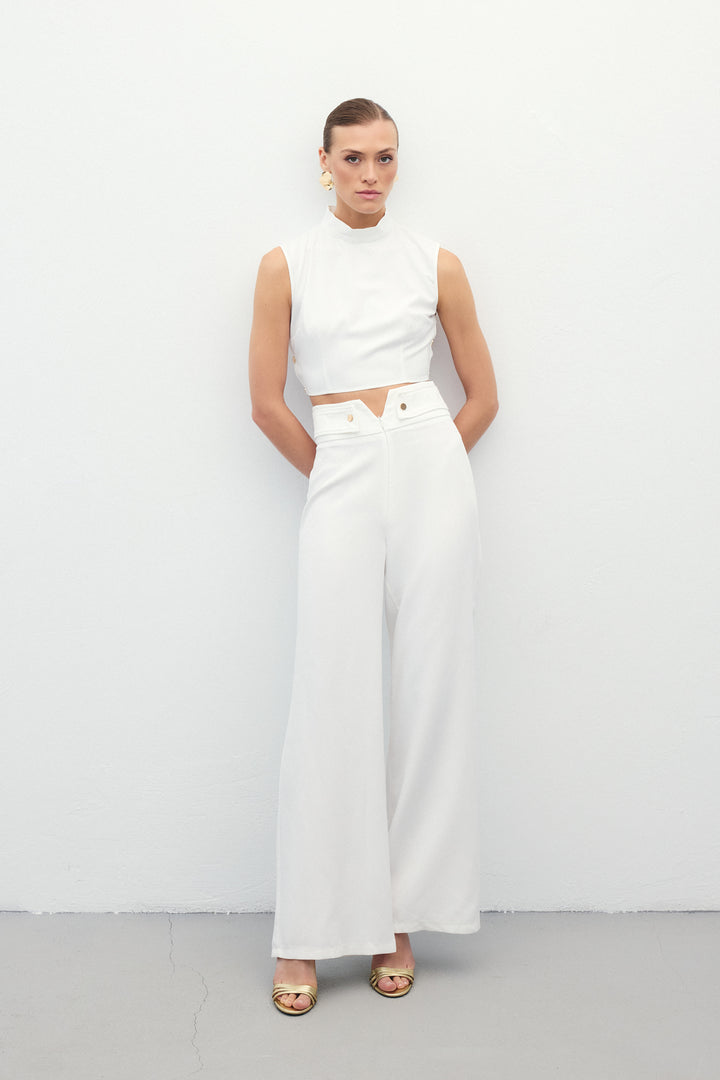 Sateen Pantalon avec Détails à la Taille - Écru
