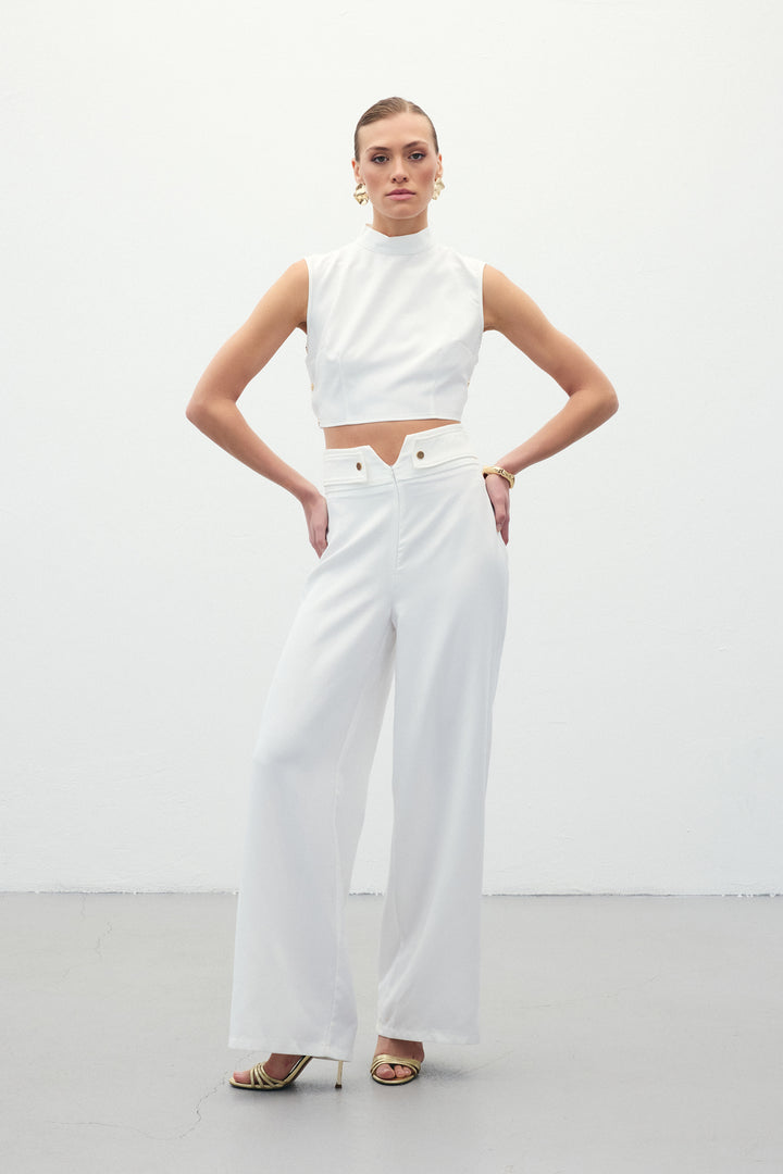 Sateen Pantalon avec Détails à la Taille - Écru