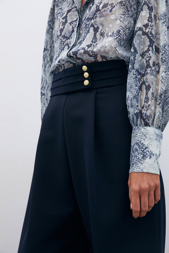 Sateen Pantalon Taille Haute - Bleu marine