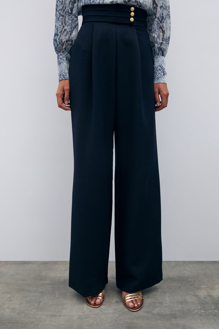Sateen Pantalon Taille Haute - Bleu marine