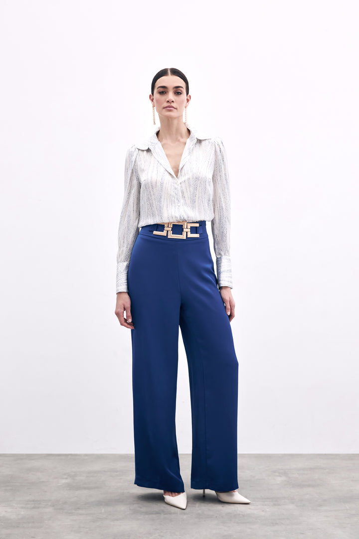 Sateen Pantalon en satin crêpe avec ceinture à la taille - Bleu marine