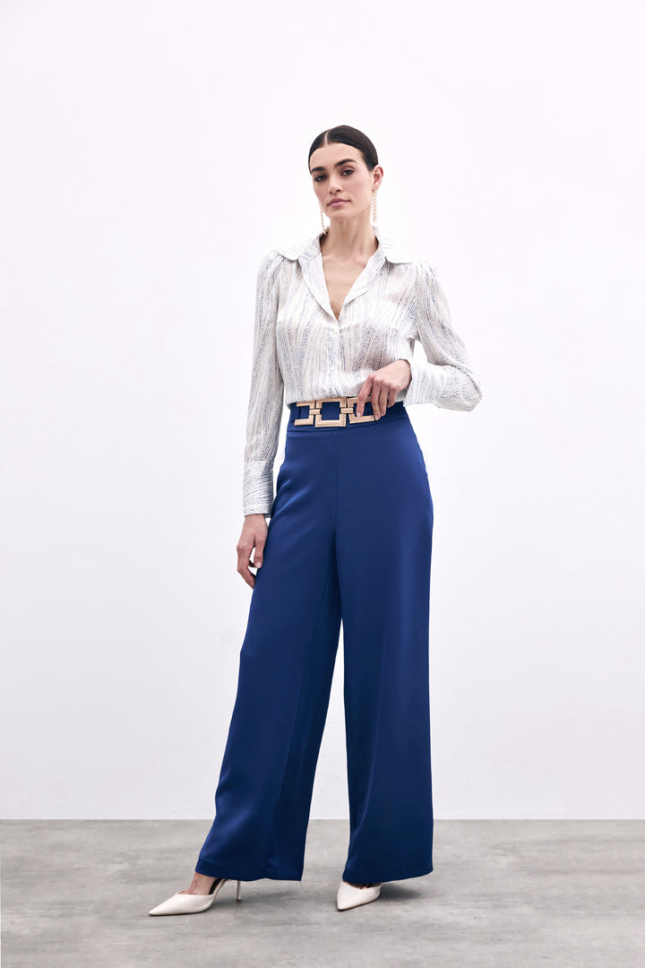 Sateen Pantalon en satin crêpe avec ceinture à la taille - Bleu marine