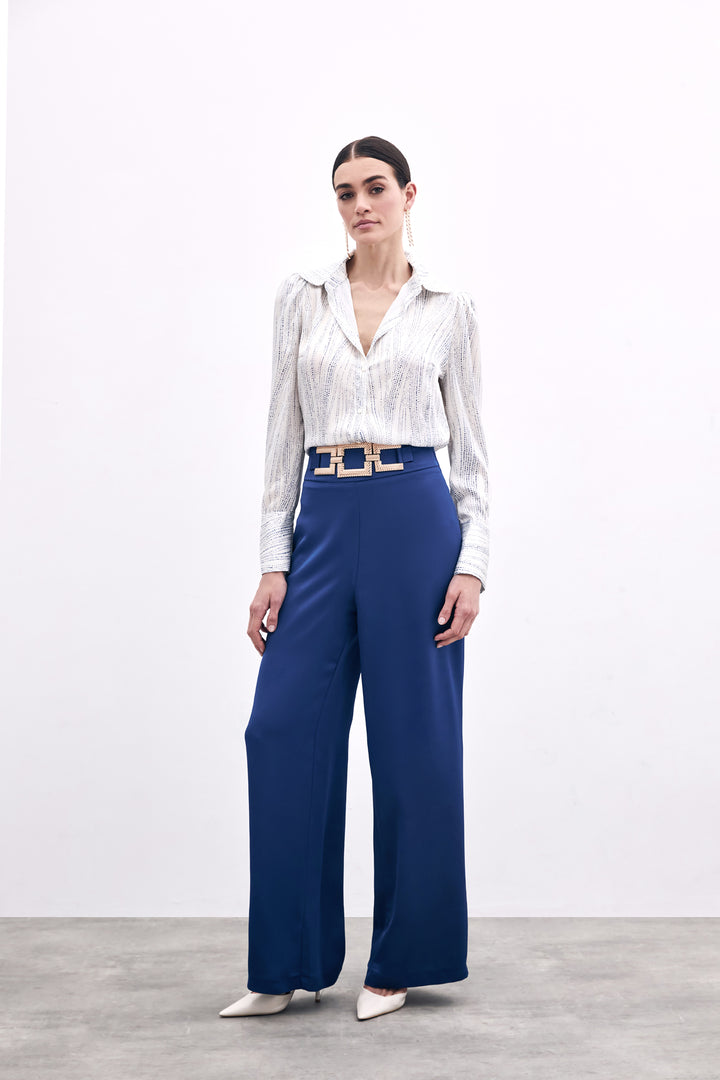 Sateen Pantalon en satin crêpe avec ceinture à la taille - Bleu marine