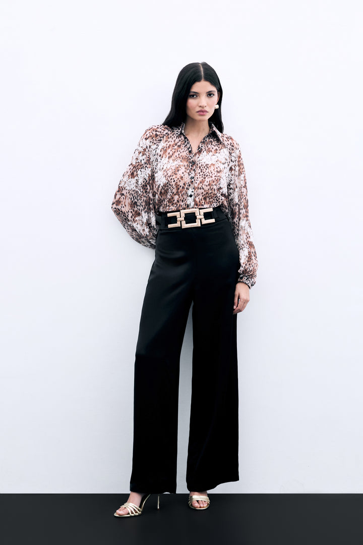 Sateen Pantalon en crêpe satin avec ceinture à la taille - Noir