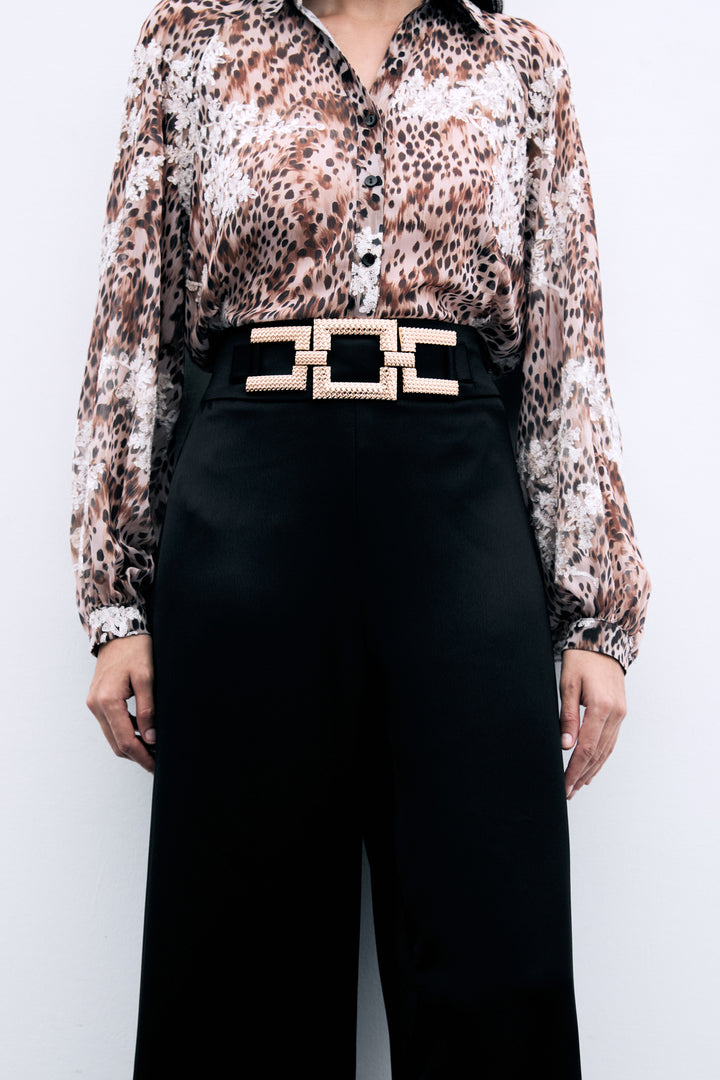 Sateen Pantalon en crêpe satin avec ceinture à la taille - Noir