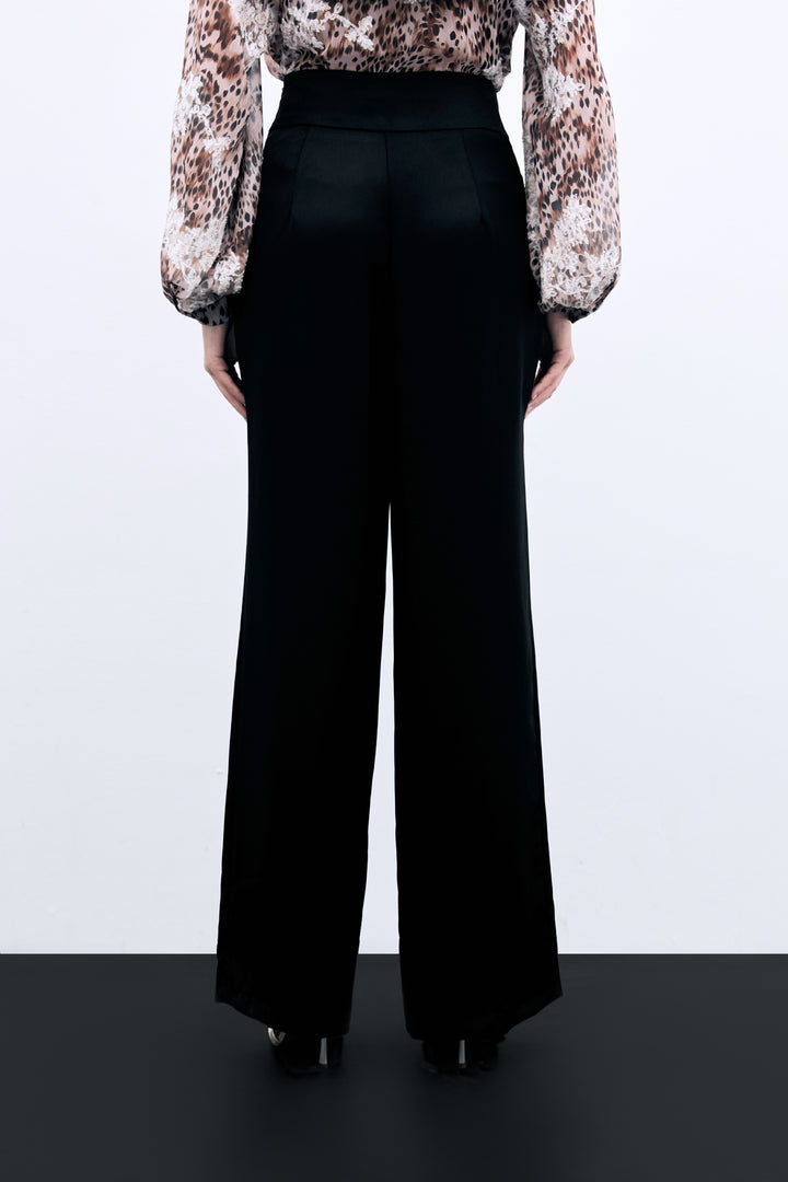 Sateen Pantalon en crêpe satin avec ceinture à la taille - Noir
