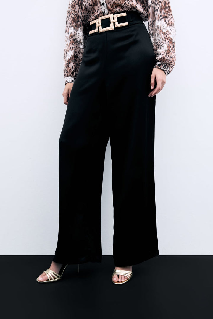 Sateen Pantalon en crêpe satin avec ceinture à la taille - Noir