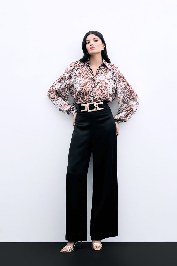 Sateen Pantalon en crêpe satin avec ceinture à la taille - Noir