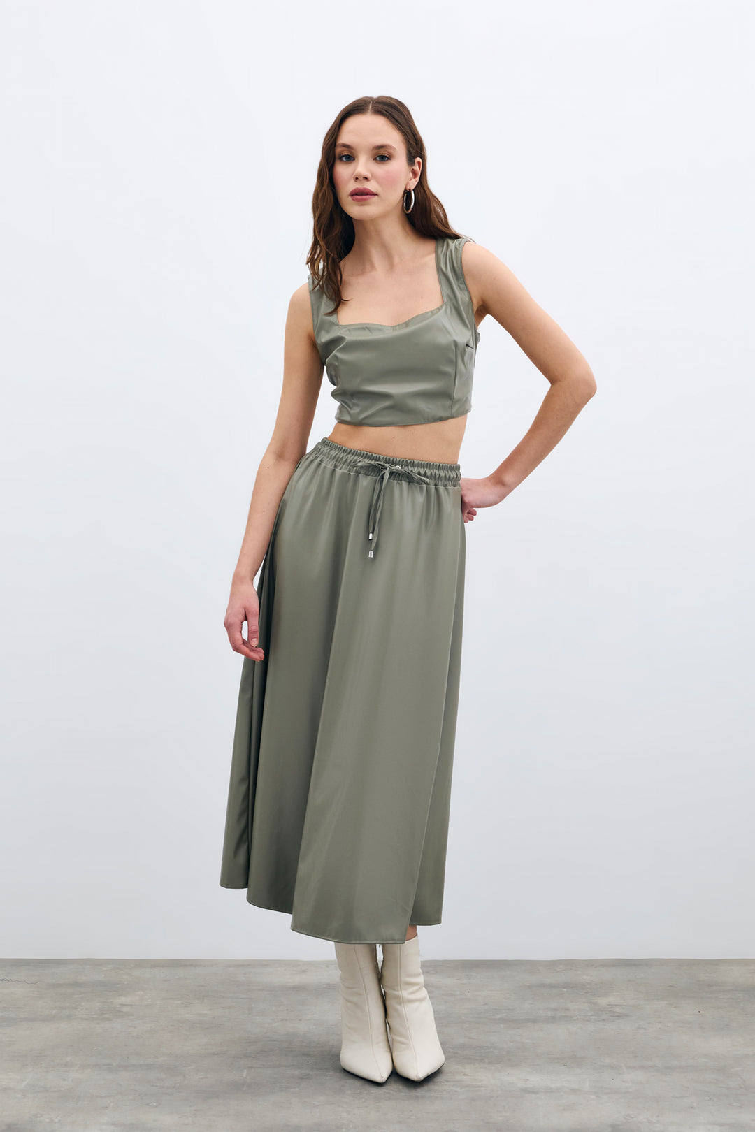 Sateen Jupe en Cuir avec Taille Élastique - Vert amande Vert