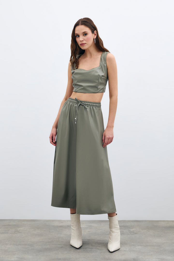 Sateen Jupe en Cuir avec Taille Élastique - Vert amande Vert