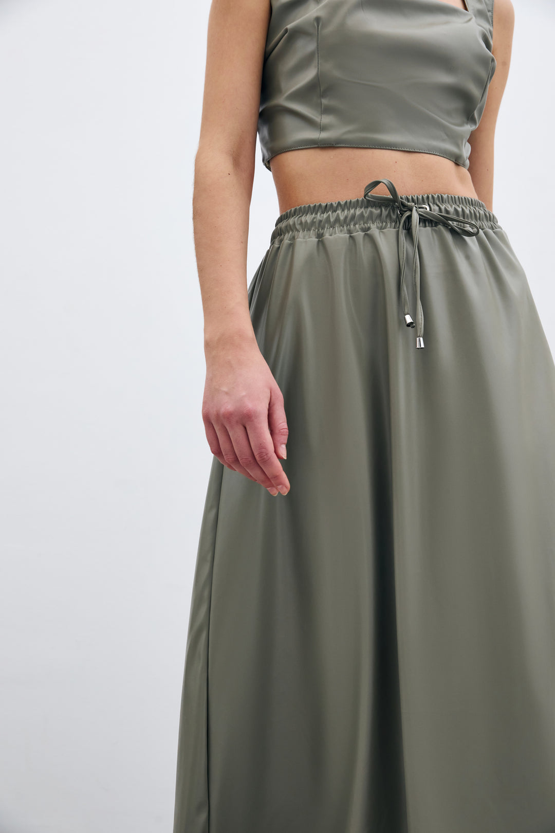Sateen Jupe en Cuir avec Taille Élastique - Vert amande Vert