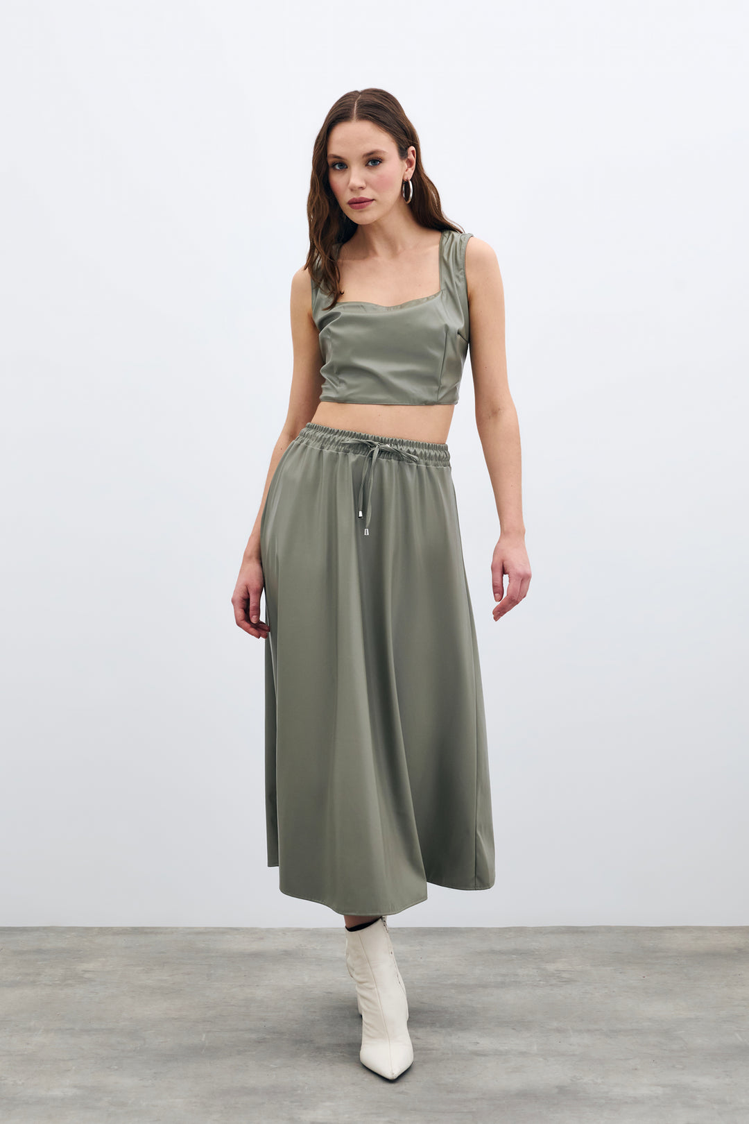 Sateen Jupe en Cuir avec Taille Élastique - Vert amande Vert