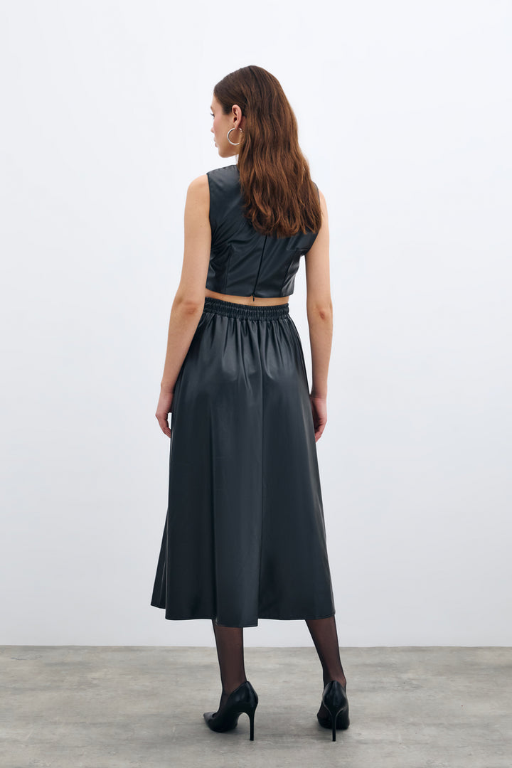 Sateen Jupe en Cuir avec Taille Élastique - Noir