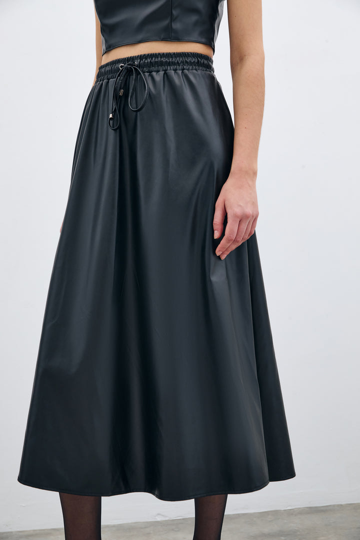 Sateen Jupe en Cuir avec Taille Élastique - Noir