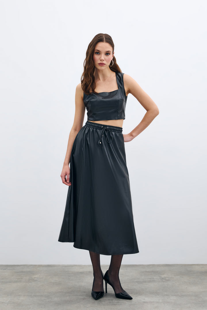 Sateen Jupe en Cuir avec Taille Élastique - Noir