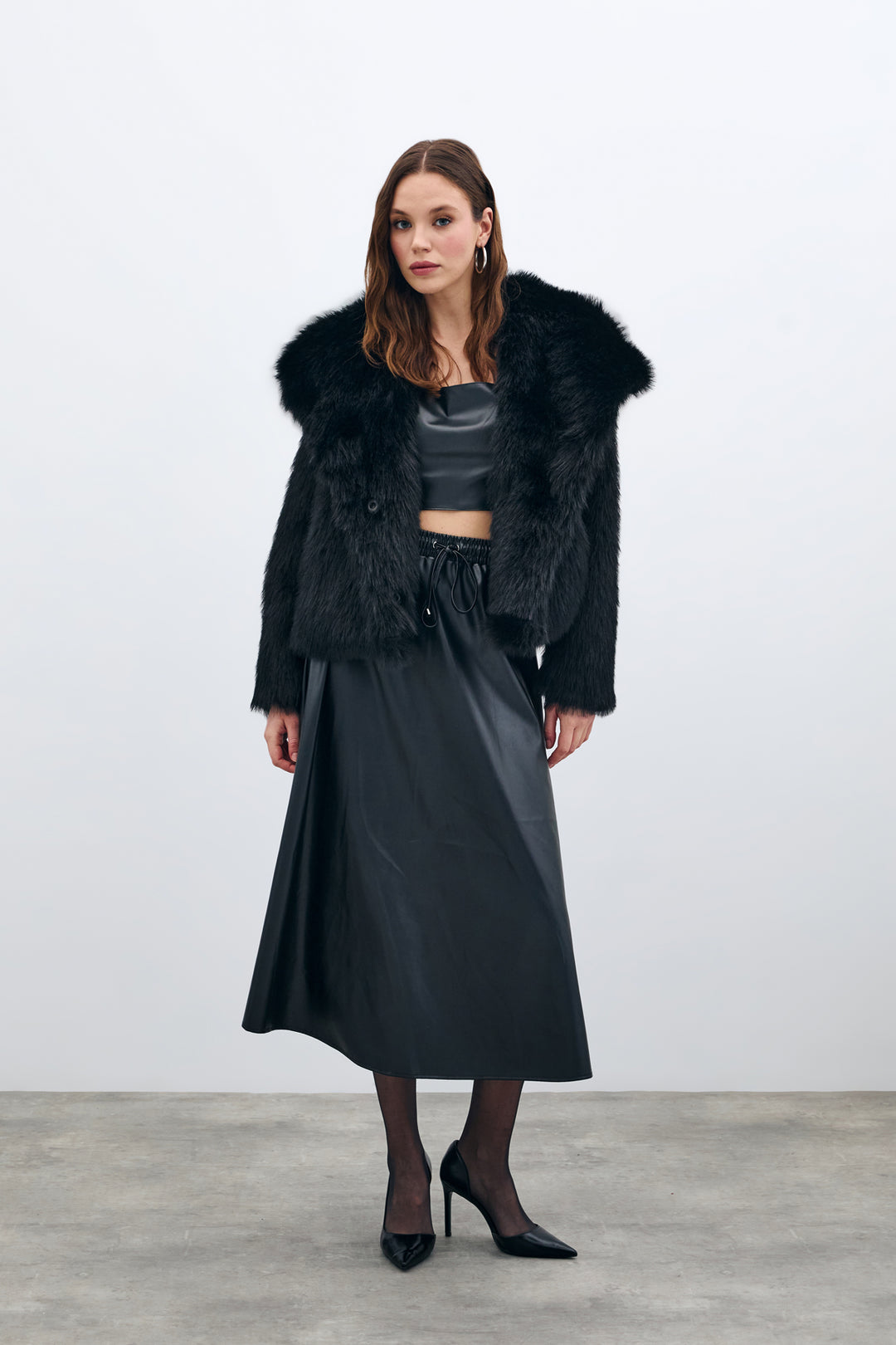Sateen Jupe en Cuir avec Taille Élastique - Noir