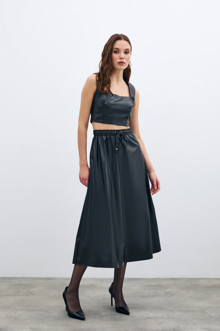 Sateen Jupe en Cuir avec Taille Élastique - Noir