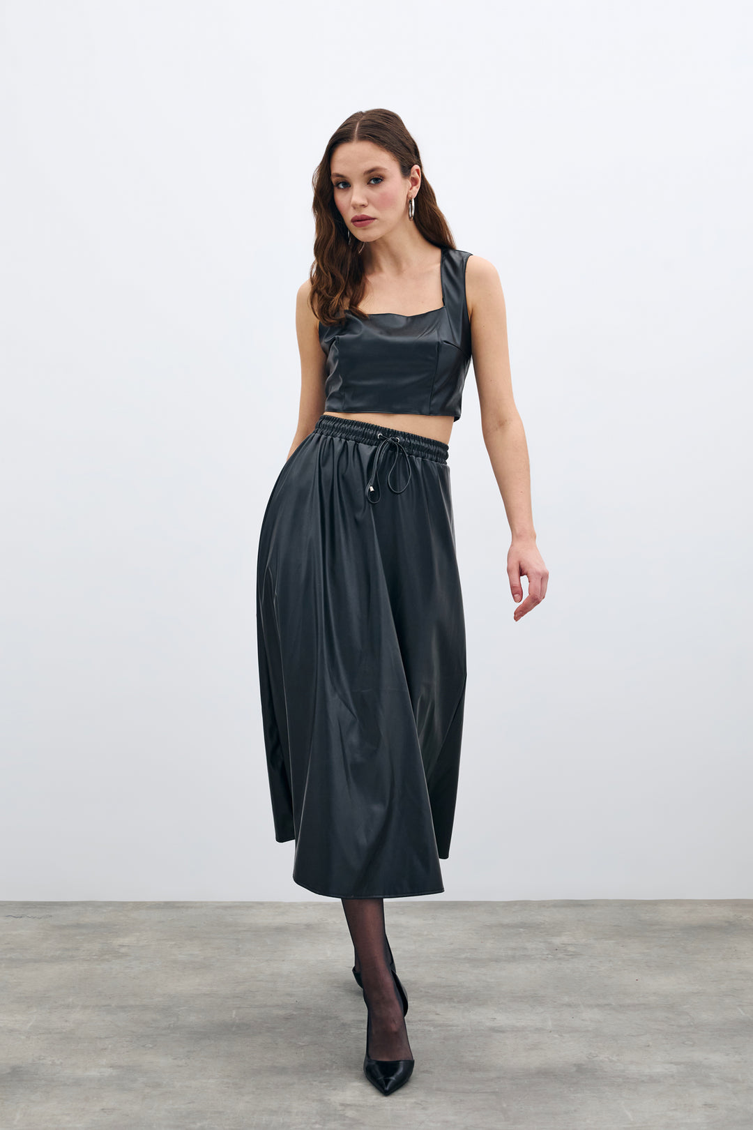 Sateen Jupe en Cuir avec Taille Élastique - Noir